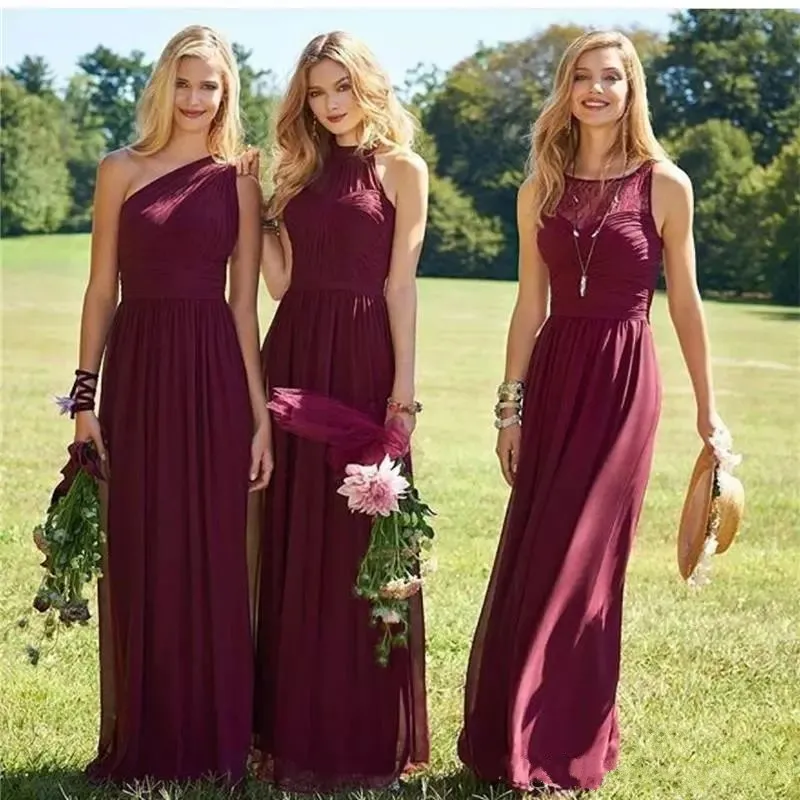 Formell Dark Burgundy Bridesmaid Klänningar Lång vår 2019 En Linje Chiffon Mix och Matcha 3 olika stilar Landbröllop Gästklänningar