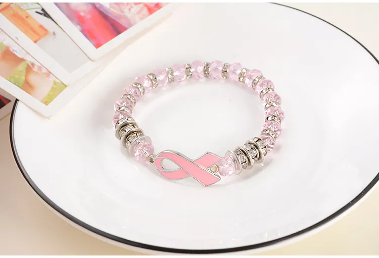 Nuovo arrivo braccialetti di consapevolezza del cancro al seno donne nastro rosa cancro al seno braccialetto perle di vetro catene gioielli fai da te moda donna