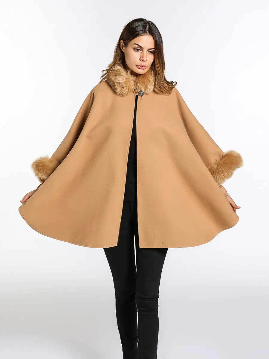 2018 Kvinnor Vinterull Poncho och Capes med Faux Fox Fur Stand Collar Overcoat Flare Sleeve Button Cardigan S-3XL