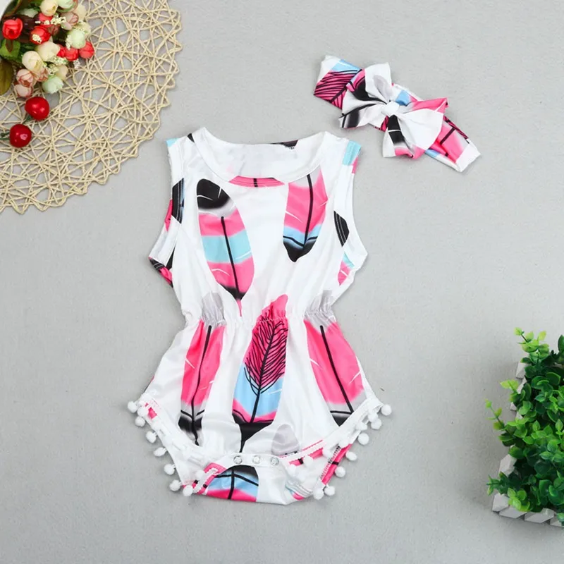 Nuovo 2018 neonato Neonate vestiti stampa neonato Pagliaccetto neonata tuta + fascia per bambini 2 pezzi Nappa tuta per bambini per bambini senza maniche