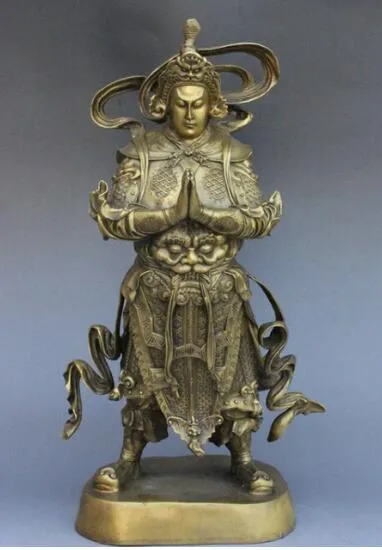 17 Chine Laiton Tête de Lion Guerrier Roi Divinité Wei Tuo Veda Bodhisattva Statue