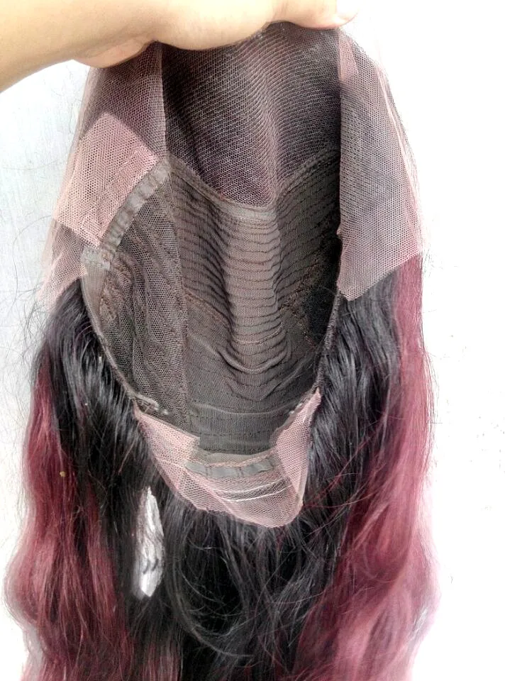 Human Virgin Remy Brazylijski Wave Lace Front Wigs Ombre T1B / 99J Natural Black / Burgundii Kolor