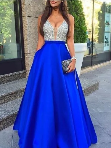 Royal Blue A-Line Satin V-Neck Długie Elegancka Sukienka Prom Sukienka Koralik Bodice Vestidos de Graduacion Sexy Powrót Robe De Bal Longue Women Formal Sukienka