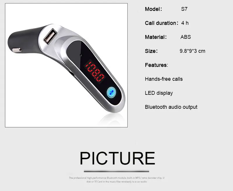 Hands Gratis Trådlös Bluetooth Bil FM-sändare S7 AUX Modulator Car Kit MP3 Player SD USB Laddare / 