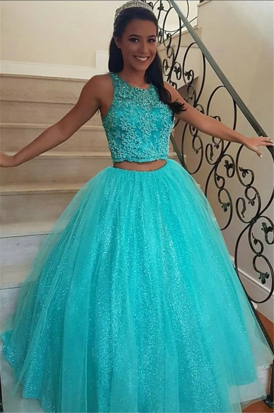 Beaded Two-piece Blue Tulle Ball Gown Prom Dress - Xdressy