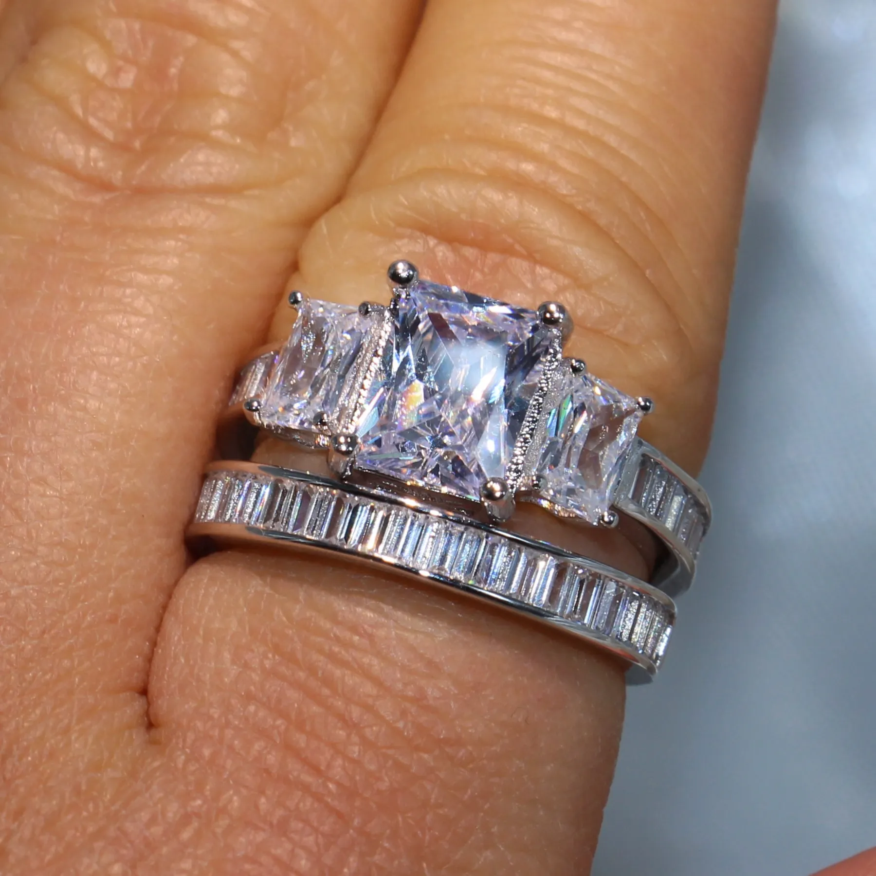 Victoria Wieck Choucong zupełnie nowa para Pierścienie luksusowa biżuteria 925 srebrna srebrna trzy kamienna księżniczka cięta cZ Diamond Topaz W223B