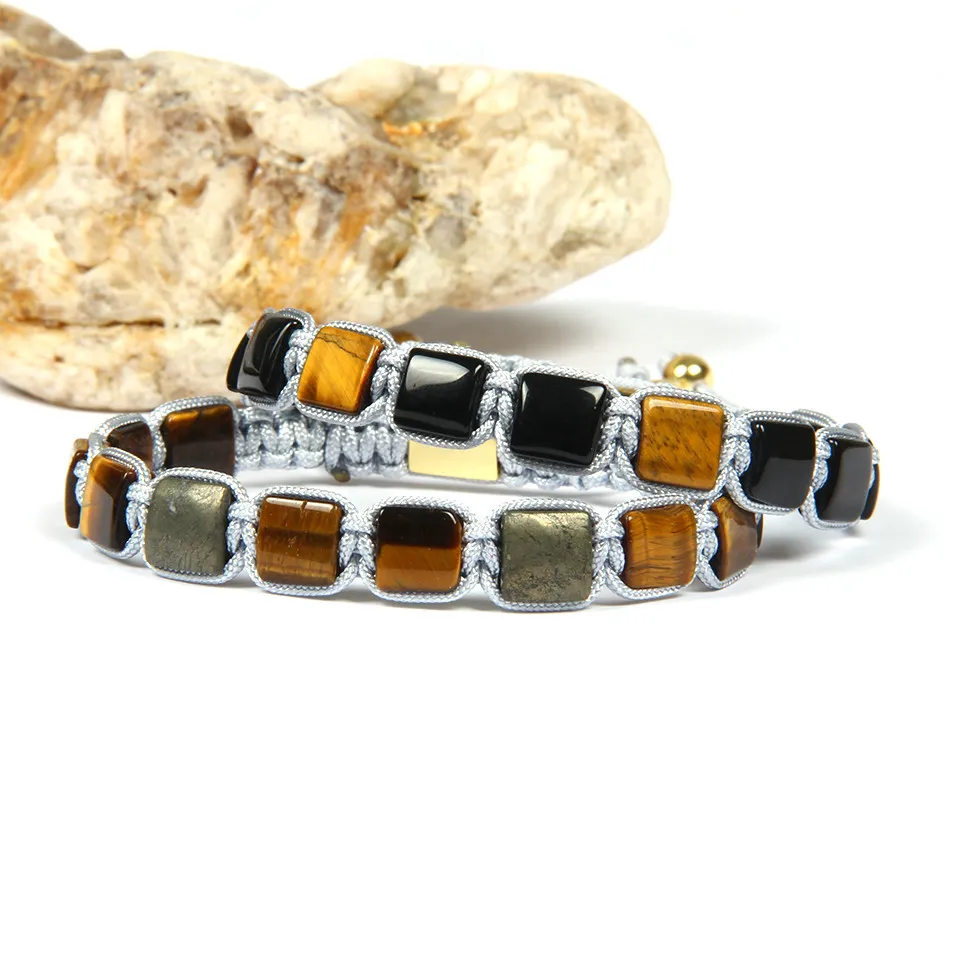 Nice Gift Stone Pulseras Wholesale 10pcs/lot 8x8mm Natural Black Onyx And Tiger Eye Square Stone Beads Geometric Braided Bracelet