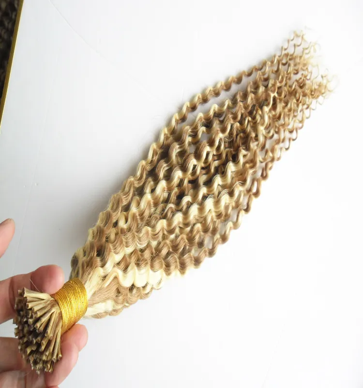 I Tip Hair Extensions Kinky Curly Machine Made Remy Pre Bonded keratin hair extension P18/613 100g 100s