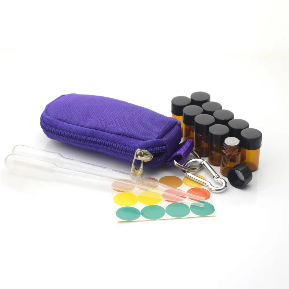 Essential Oil Bottle Keychain Kit Bärväska Mini Pouh resväska med 10 1 ml 1/4 DRAM 2ml 5/8 Dramflaskor och tomma etiketter