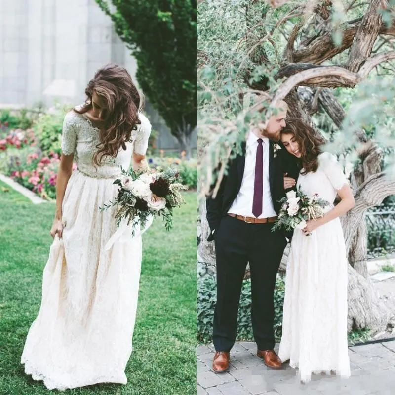 2018 Modest Country A Line Vestido de novia Boho Encaje completo Mangas cortas Hasta el suelo Playa Bohemia Tallas grandes Vestido de novia Cintura de cristal personalizada