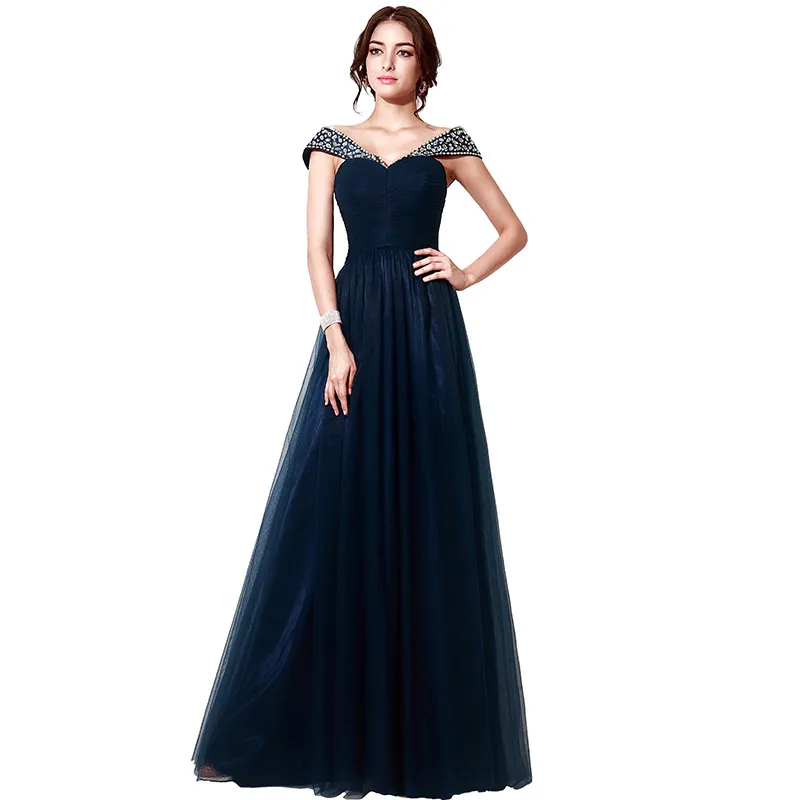Vestidos de noche con hombros descubiertos y cuentas 2019 Vestido de fiesta largo hasta el suelo azul marino Vestidos de fiesta largos elegantes