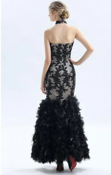 Sexy Mermaid Black Lace Evening Dresses Sexy Keyhole Neck Backless Flouncing Ruffles Prom Party Gowns Arabic Women Pageant Runway