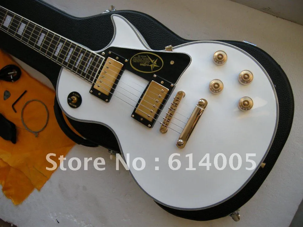 Gratis verzending groothandelsprijs LP Custom elektrische gitaar in witte kleur op voorraad MET CASE Ebbenhouten hals