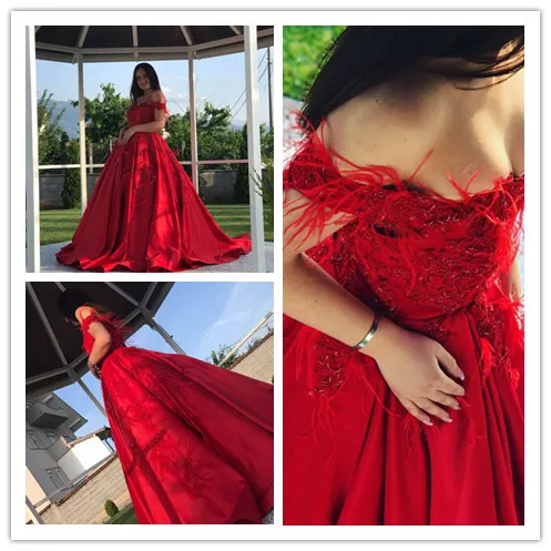 Red Ball Gown Satin Sweetheart Plus Storlek Bröllopsklänningar Turkiet med fjädrar 2019 Ny Beaded Elegant Nigeria Vestito da Sposa Brudklänningar