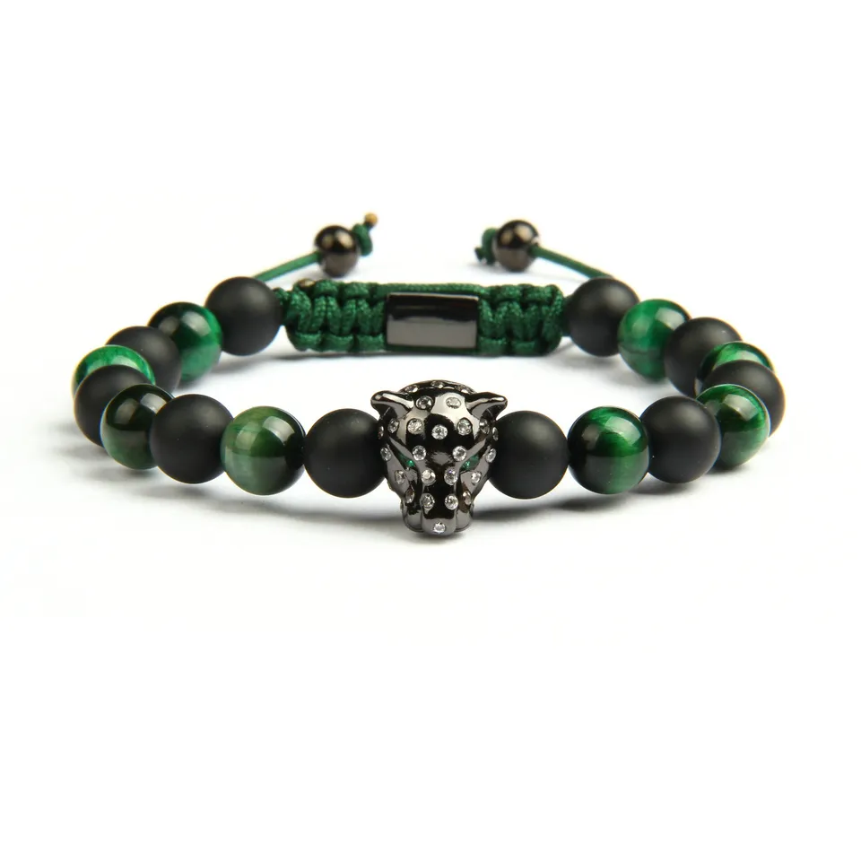 Mannen Panther Cz Armbanden Hele 8mm Natuurlijke Matte Agaat Groene Tijgeroog Steen Luipaard Macrame Jewelry237u