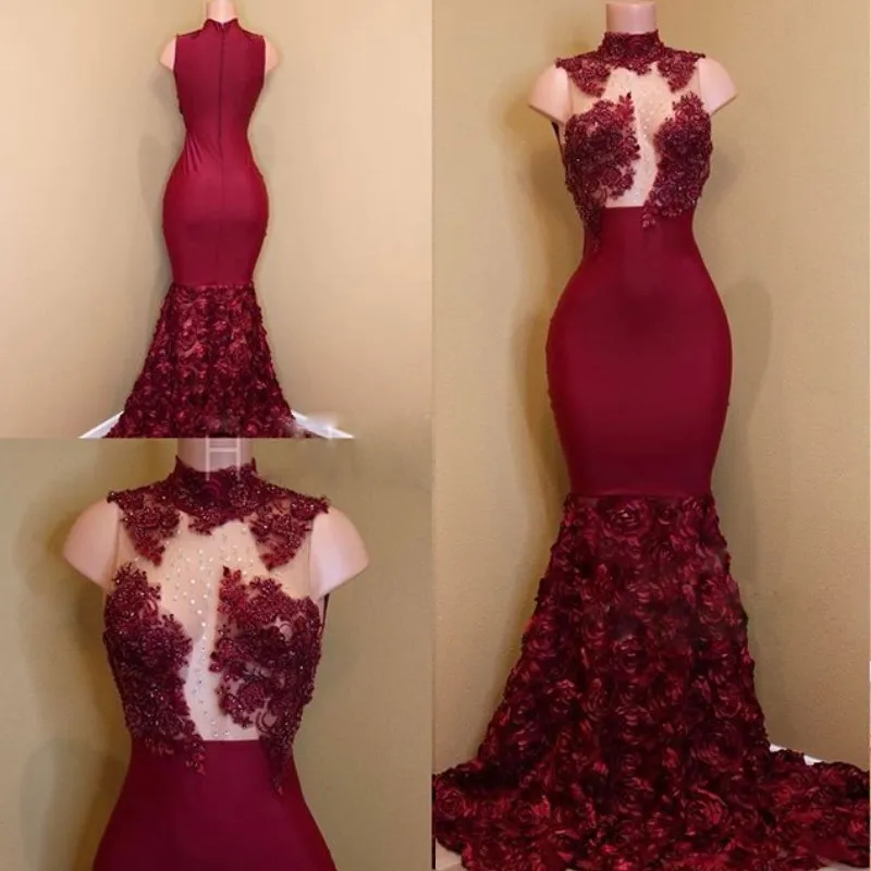 Burgundy alta Neck Prom Vestidos ver através Rose Train Lace Applique Sequins Zipper Voltar 2K18 Prom Dress Glamorours 3D vestido da celebridade partido