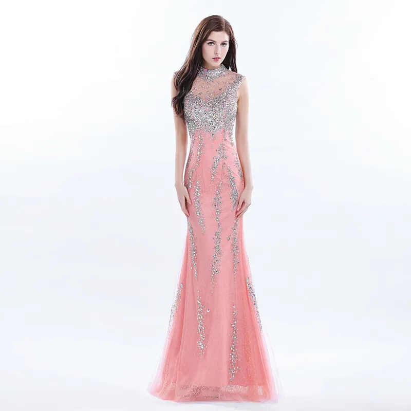 Celebridade de luxo Longo Coral Prom Vestido Frisado Gola Alta Vestidos Formais Longo Vestido De Lantejoulas Real Photo Gown Senhora Jovem Vestidos de Noite