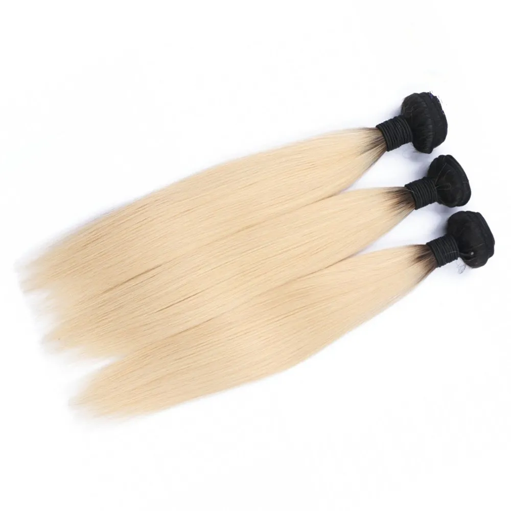 Virgin Peruvian blonde ombre mänskliga hårbuntar handlar 3st med fulla främre mörka rotade ombre blonda hårväv med spets frontal 13x4