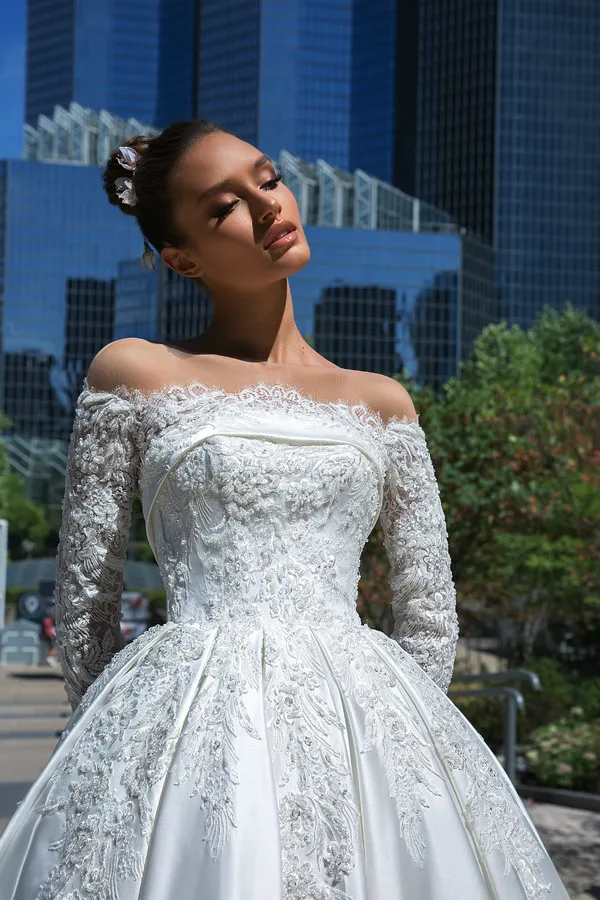 Crystal Design A Line Country Wedding Dresses Lace Off The Shoulder Appliques Satin Long Sleeve Bridal Gowns Sweep Train Custom Made Dress From 125 25 DHgate
