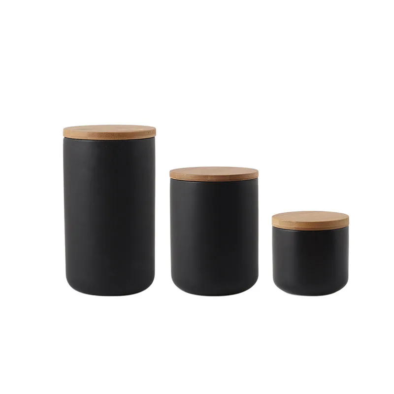 Bocal de rangement en céramique nordique avec couvercle en bambou Boîte hermétique scellée Lot de 3 récipients pour café thé sucre épices noir blanc