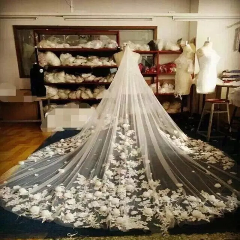 3D Floreale 3M Cattedrale Lunghezza Lungo Bianco Avorio Beige Champagne Veli da sposa da sposa con pettine Tulle e applicazioni in pizzo 2019 Nuovo economico caldo