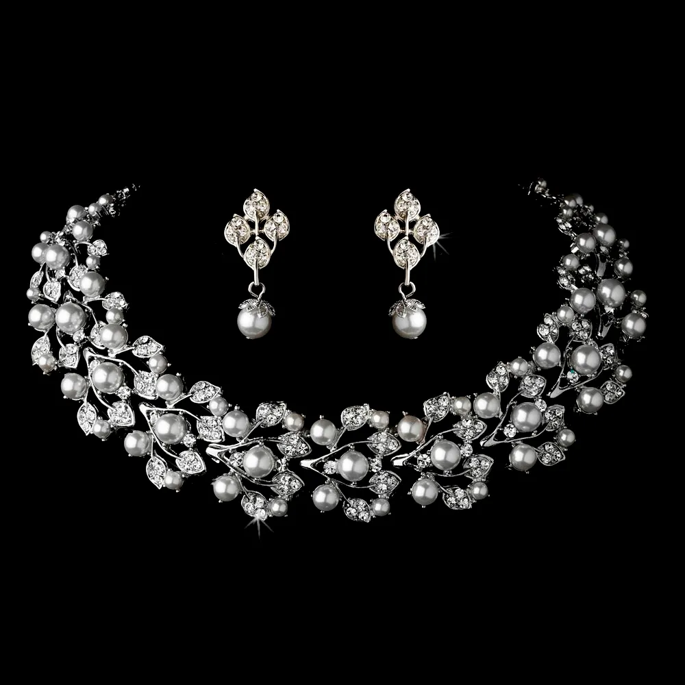 Elegant Rhodium Silver Tone Cream Pearl & Rhinestone Crystal Diamante Necklace Earrings Floral Bridal Jewelry Sets Vintage