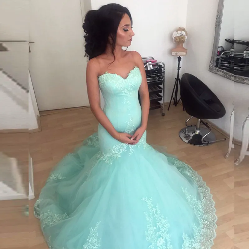 New Arrival Mint Green Prom Dresses Fit and Flare Sweetheart Sleeveless Lace Appliques Mermaid Evening Gowns Formal Dress