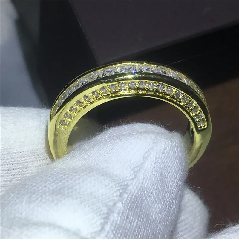 Moda Casal anel de Aniversário corte Princesa 5A Zircão Cristal Amarelo de Ouro Filled festa de casamento banda anéis para mulheres Homens Presente