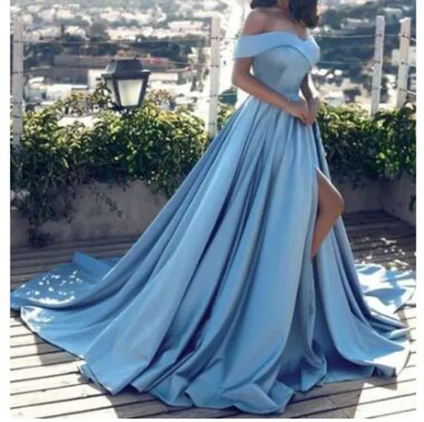 2019 Modern Arabic light blue Evening Dresses Sexy Off the Shoulder Front Split prom dresses Satin A Line Elegant Long Prom Party Gown