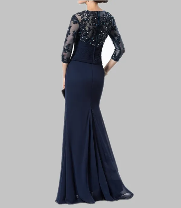 Applique Mother Of The Bride Dresses 3/4 Sleeve Mother Dresses Crystal Chiffon Beadings Mermaid Evening Gowns