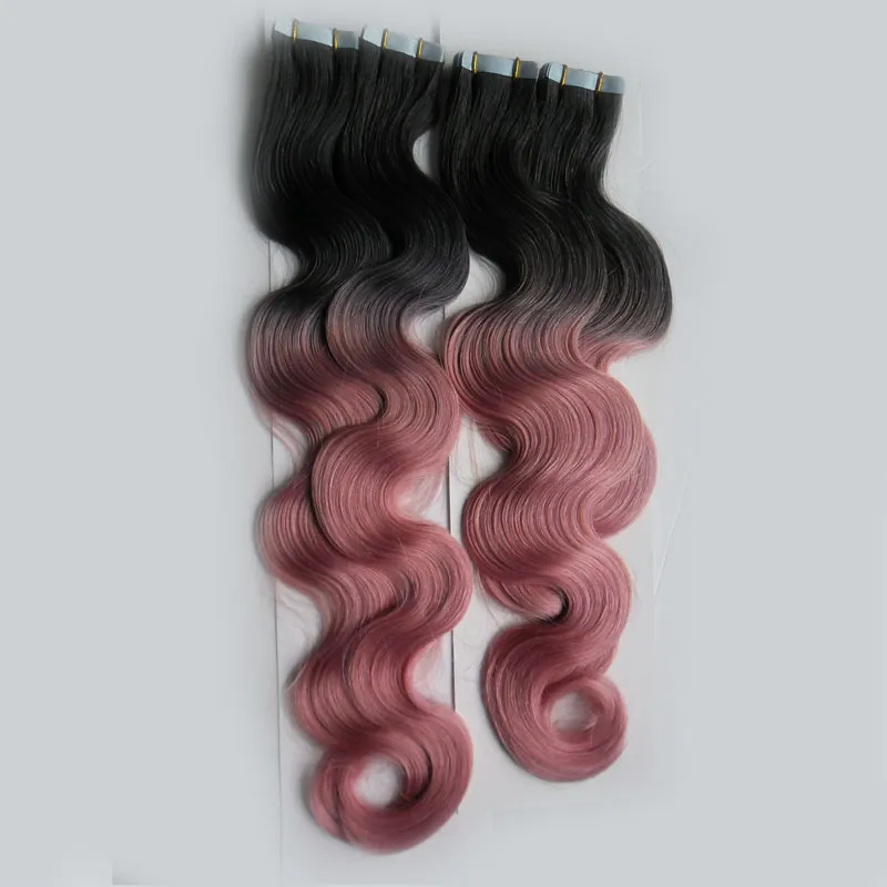 T1B/Nastro colorato rosa nelle estensioni dei capelli umani Macchina fatta Remy Capelli brasiliani dell'onda del corpo 200G 80 Pezzi Ombre Trama della pelle Estensioni dei capelli