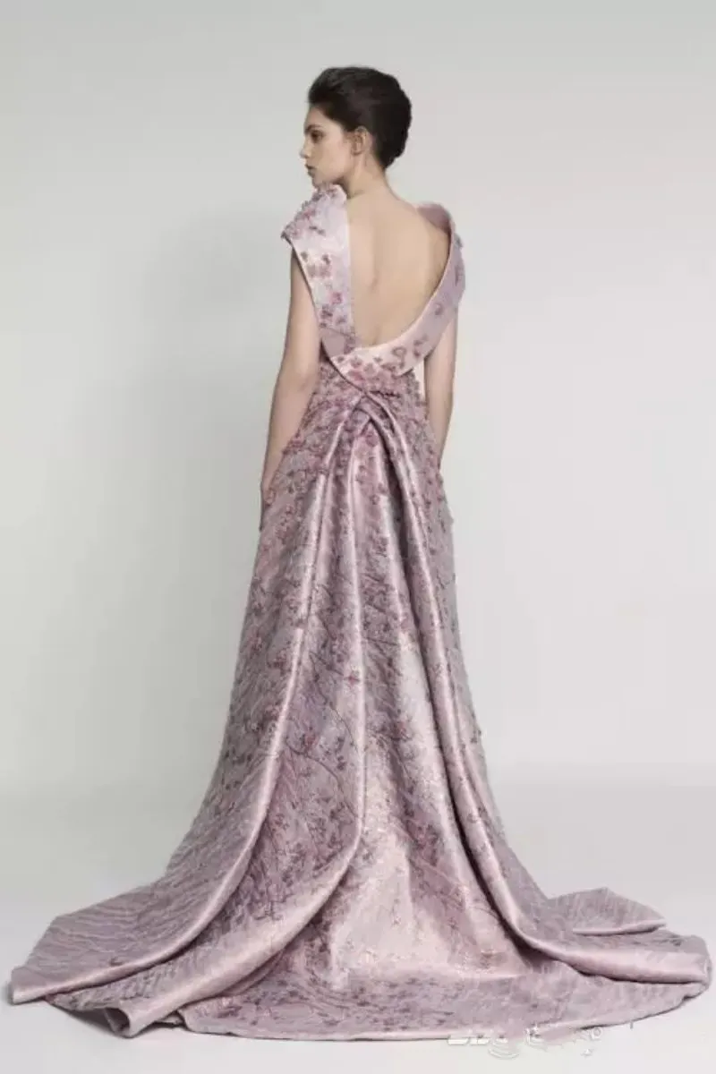 Azzi Osta Vintage Roze 3D Floral Overskirt Lange Prom Dresses 2018 Dubai Arabische Sweep Trein Handgemaakte Bloem Ashi Red Carpet Evening Jurk
