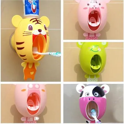 Dispensador automático de pasta de dientes con bonitos dibujos de animales, soporte de montaje en pared, herramienta dispensadora de pasta de dientes para baño, tigre/conejo encantador