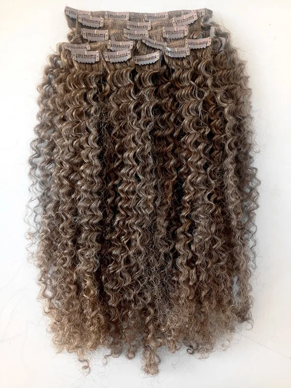 Nova chegada brasileiro virgem cabelo castanho claro grampo de trama em kinky curly humano extensões de cabelo remy 9 peças de um conjunto