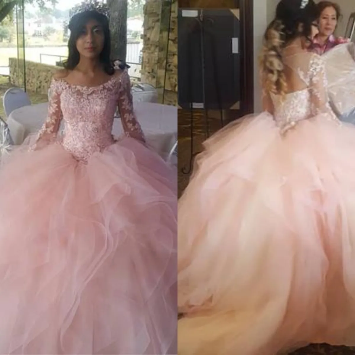 Prinzessin Rosa Ballkleid Quinceanera Kleider mit Ärmel aus der Schulter Rüschen Spitze Schlüsselloch zurück Vestidos 15 Jahre 2019 für Geburtstagsgeschenke