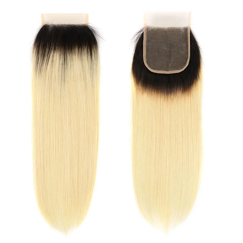 9a Brazylijskie dziewicze włosy 1B613 Ombre Blonde Bundles z zamknięciem proste ciemne korzenie blond włosy z 44 -częściową koronką C2718593