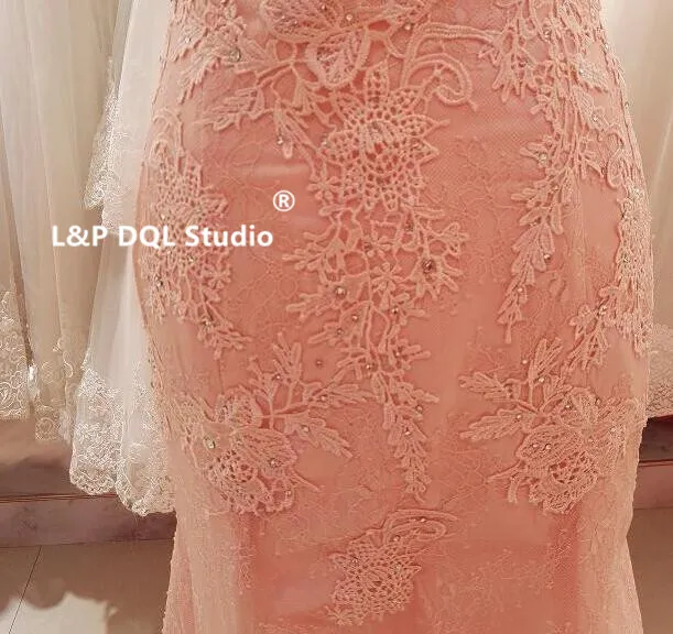 Sexy Blush Bridesmaid Dresses Mermaid Lace Wedding party Dresses Zipper Back with Buttons Sweep Train Lace Wedding guest Dresses
