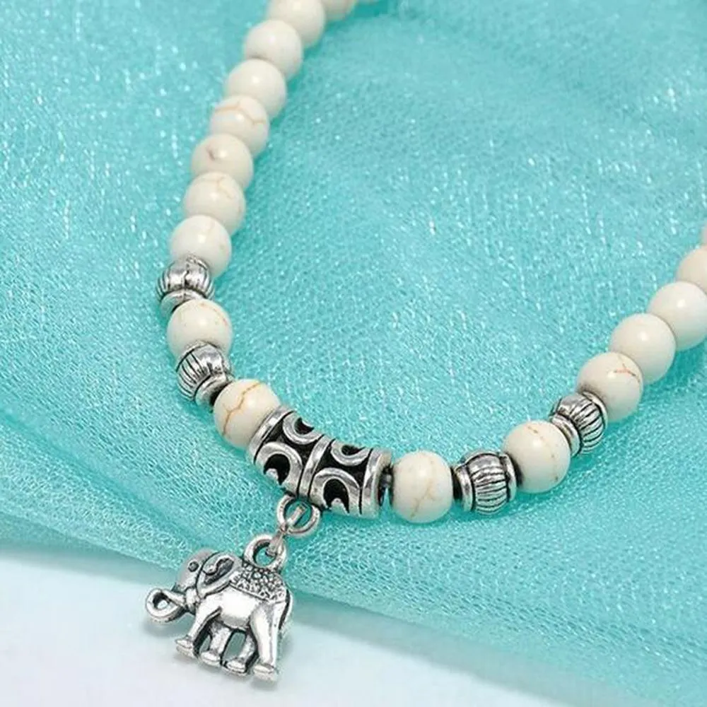 Fashion Tibetan Tibet Silver Elephant Pendant White Turquoise Beads 6mm Elastic Bracelet Bangles For Women Pulseiras Boho Jewelry Gift