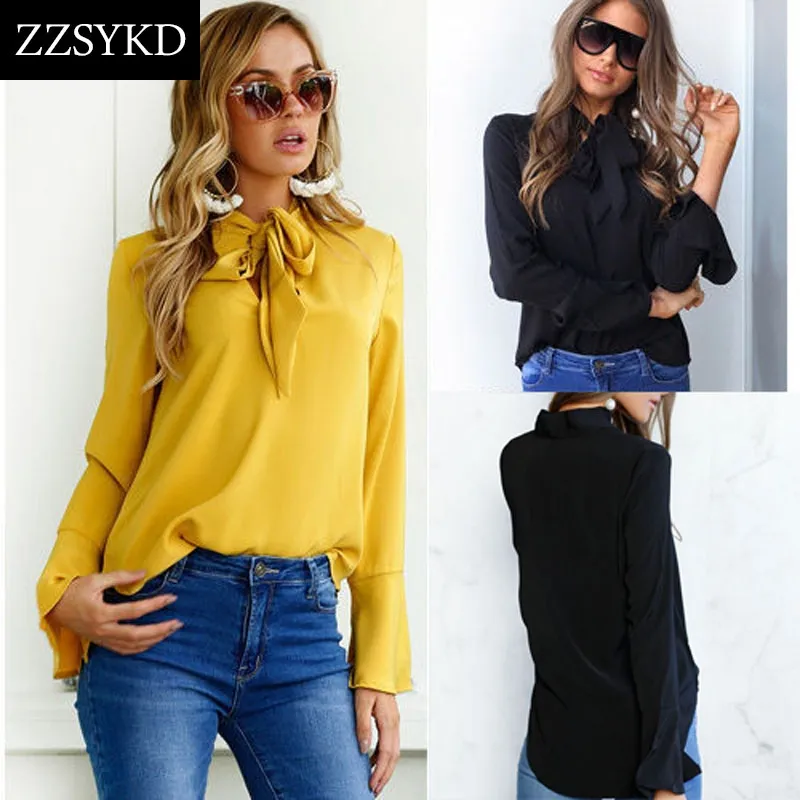 Zzsykd 2018 Nieuwe Vrouwen Shirt Blusa Feminina Witte Chiffon Blouse Lange mouw Blouse Womens Tops en Blouses Sexy Dameskleding