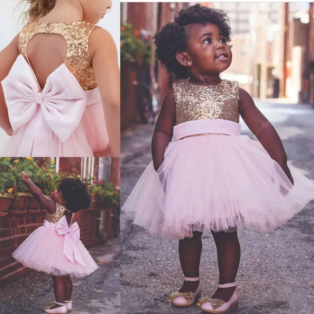 2020 Vintage Gouden Pailletten Bloem Meisjesjurken Roze Tull Baby Zuigeling Peuter Doop Kleding Bloem Meisje Jurken Kant Tutu Baljurken Goedkoop