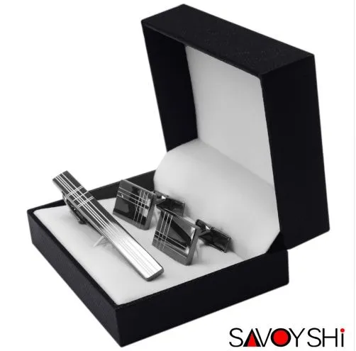 Savoyshi Classic Square Black Laser Stripe Busseness Mens manschettknappar Tie -klipp Set Högkvalitativ slipsstift