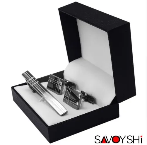 SAVOYSHI Classic Square Black Laser Stripe Bussiness Mens Gemelli Fermacravatta Set Cravatta di alta qualità Spille Fermacravatta Fermacravatta