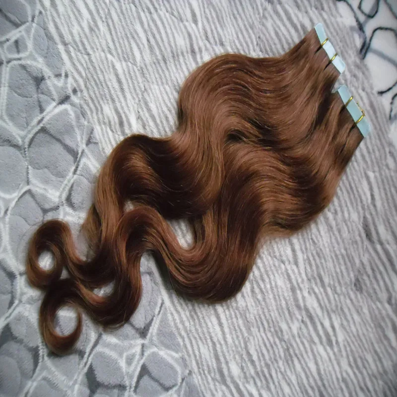 6 Medium Brown Tape In None Remy Human Hair Adhesive Extension 12" 14" 16" 18" 20" 22" 24" 26" 100g Body Wave Skin Weft Hair