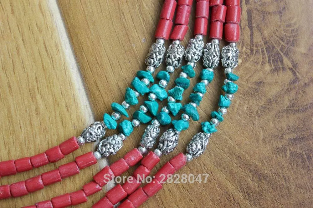 NK197 Etnisk Tibetansk Artifical Coral Stone 5 Lager Beaded Halsband Handgjorda Smycken Böhmen Kvinnor Halsband