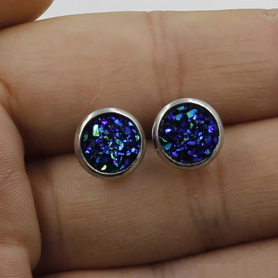 Moda 8 milímetros de aço inoxidável druzy Brincos Resina drusy Dome Seals Cabochon Stud Brincos para Mulheres Jóias