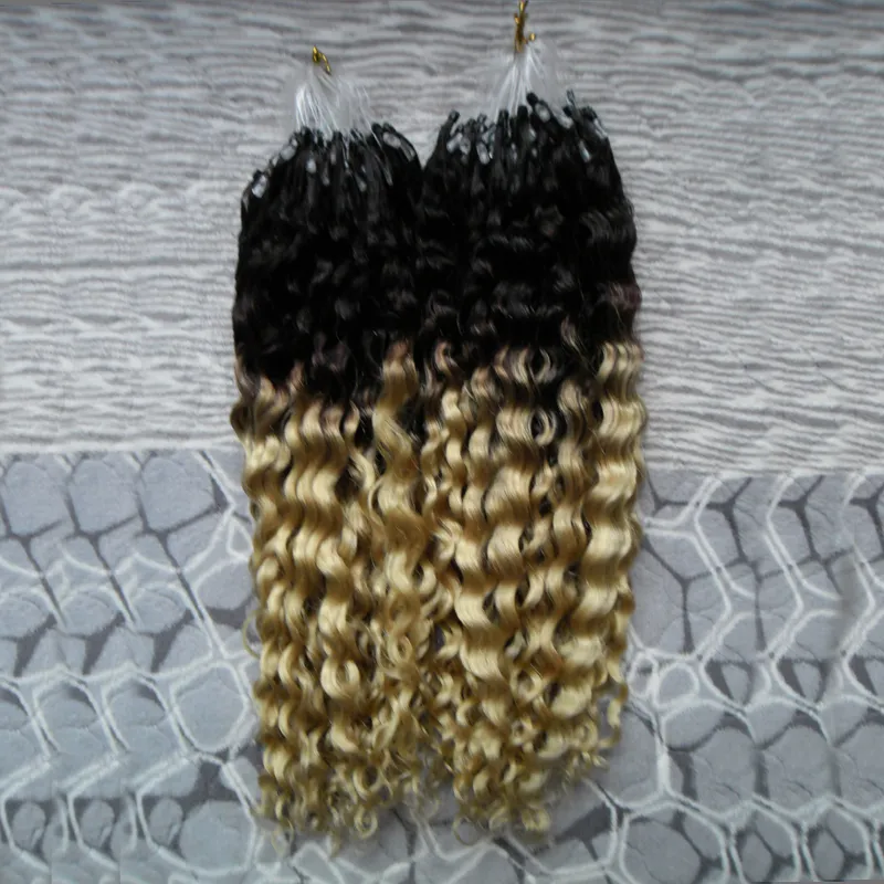 Loop Micro Ring Machine Made Remy Hair Extension T1B / 613 Blond Kinky Krullend 100% Menselijk Haar Ombre Micro Links 10 "-26" 1g / s 200g