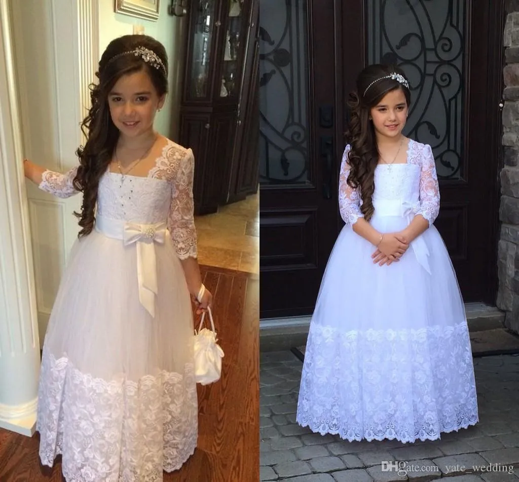 2020 Sevimli Prenses Çiçek Kız Elbise Illusion Dantel Kollu Boncuk Güzel Yay Uzun Örgün Vintage Flowergirl Elbise Düğün için İlk Communion