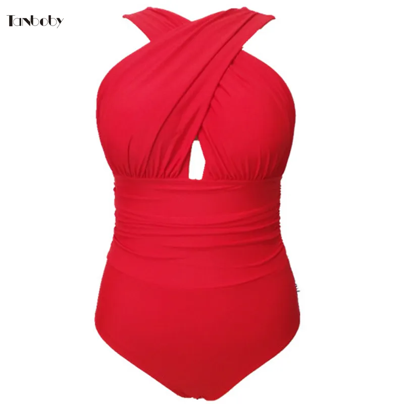 Groothandel-grote maat zwemkuur dames 1 stuks Trikinis Cross Cup Hoge Taille Badpak Rood Plus Size One-Pieces Badpakken