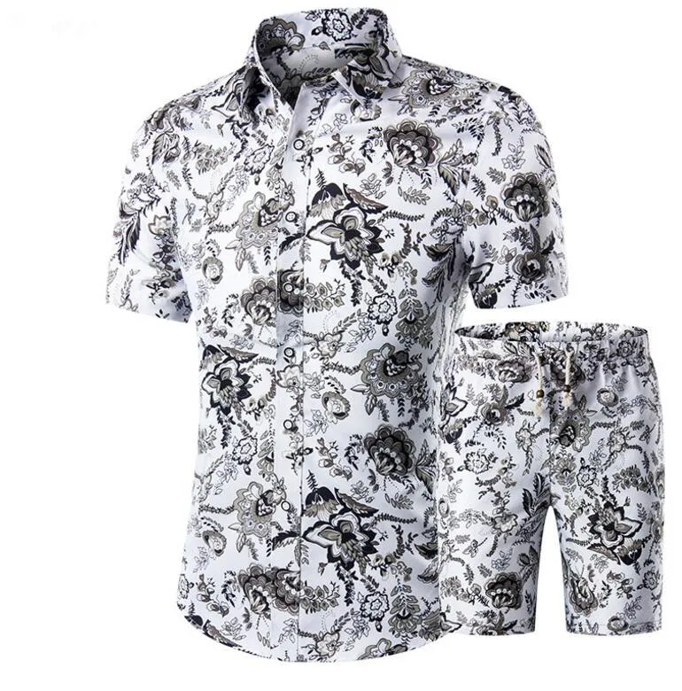 Men Shirts+Shorts Set New Summer Casual Printed Hawaiian Shirt Homme Short Male Printing Sets Plus Size