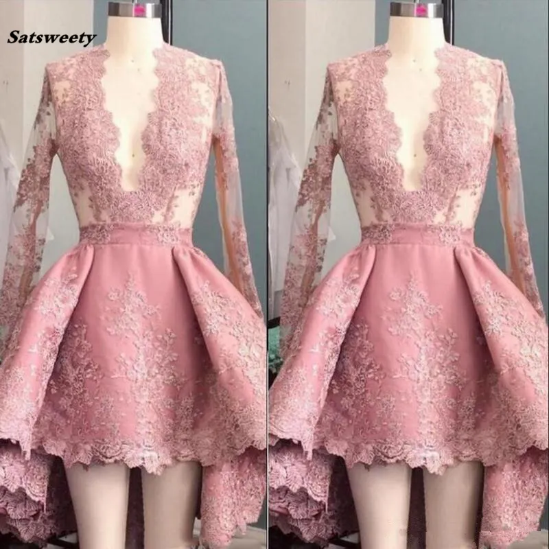 Sexy Deep V-Neck Hi-Lo Evening Dresses Peach Pink Long Sleeve Applique Ruffle Short Party Prom Dresses
